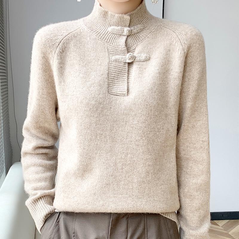 Women's Slimming Wool Sweater - Chinese Style Button-Up, Half-High Collar, Long Sleeve Pullover for Autumn/Winter