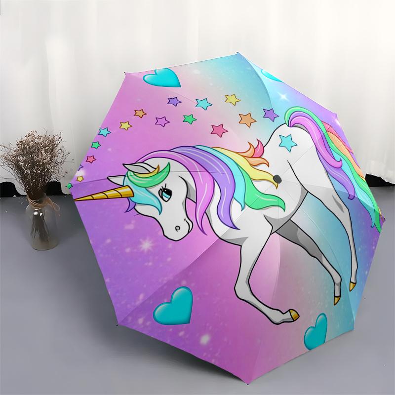 Einhorn Fantasy Automatischer Klappschirm Einfaches 8-Rippen-Design, Helles Cartoon-Muster, Langlebiger Eisenrahmen, Geeignet Für Reisen, Outdoor, B