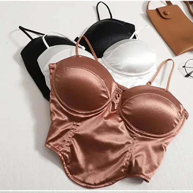 2025 Women Sexy Crop Top Solid Spring Summer New Pleated Satin Tanks Top With Bra Pad Beach Camis Spaghetti Backless Casual Top