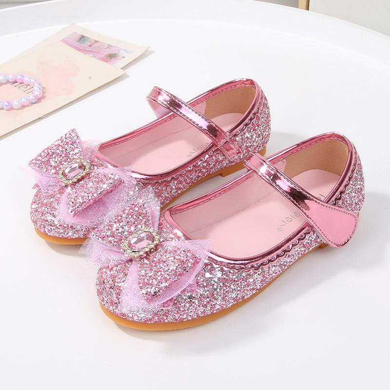 

2026 Spring New Flat Bottom Girls Princess Shoes Children s Single Shoes Little Girls Leather Shoes Fashion Bow Crystal Shoes 35 yards/21.5cm рожевий