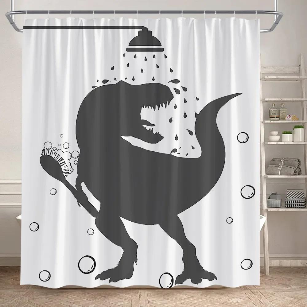 Lustige Badende Dinosaurier Duschvorhänge Schwarze Katze Tiersilhouette Kinder Badevorhang Modernes Polyester Badezimmerdekor mit Haken
