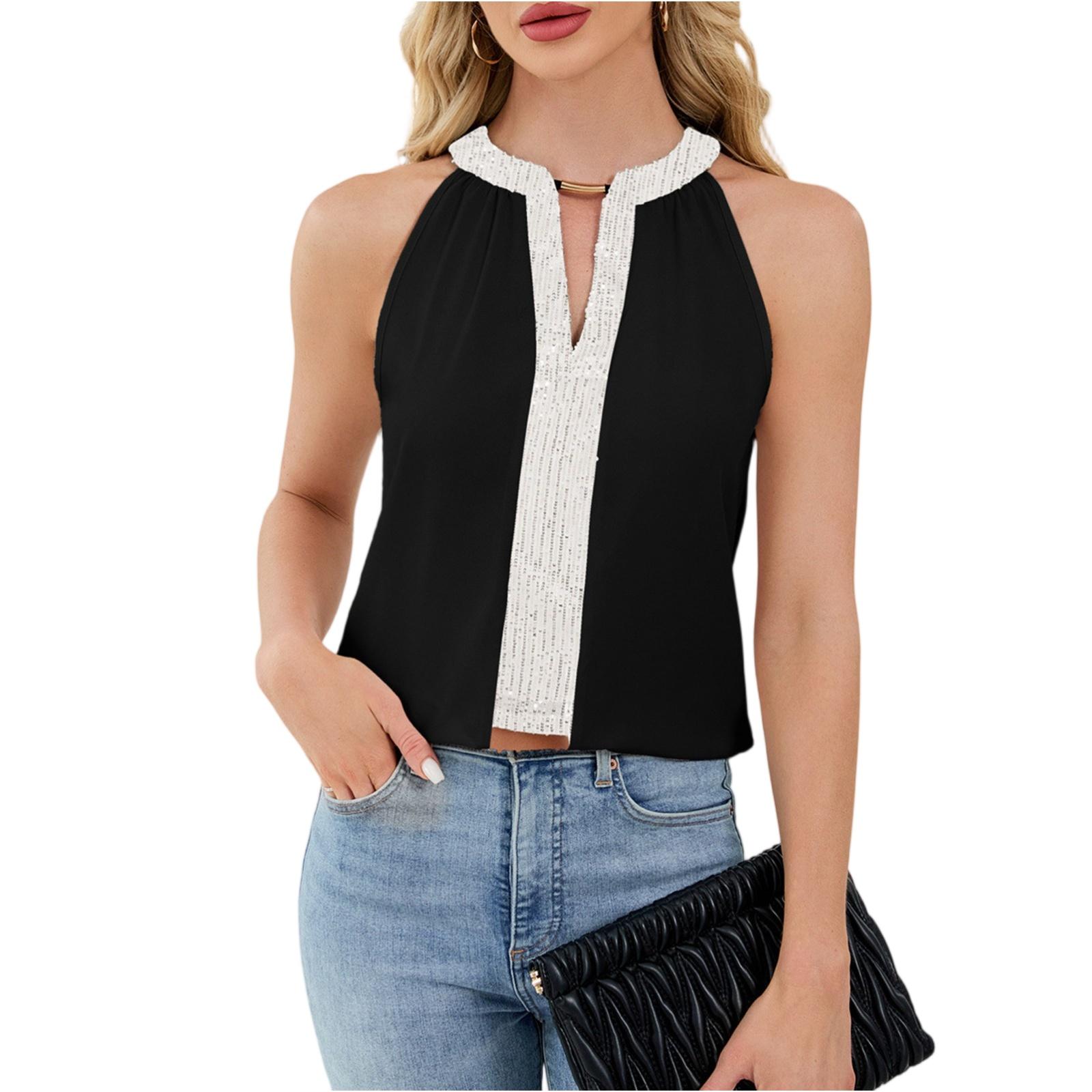 Women s Fashionable V Neck Color Blocked Vest Sleeveless Temperament Top S чёрный