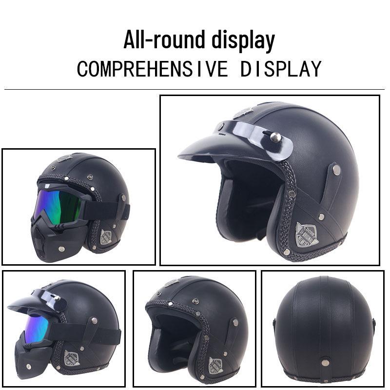 Retro Leather Motorcycle Half Helmet with Visor