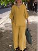 2024 Women's Cotton Linen Fashion Set: Casual Seven-Sleeve Top and Wide-Leg Pants Two-Piece Set