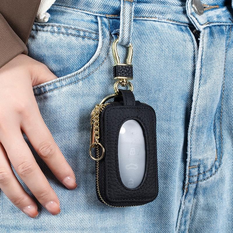 Leather Car Key Case with Clip Carry for Car Owners, Fob Cover and Card Slot for Bag or Pocket Use with Full Closure