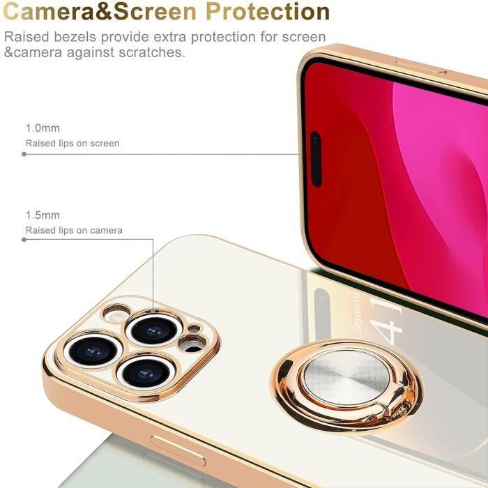 Coque Silicone - iPhone 15 Pro - Blanc - Antichoc - Anneau Rotatif 360° - Support Vertical