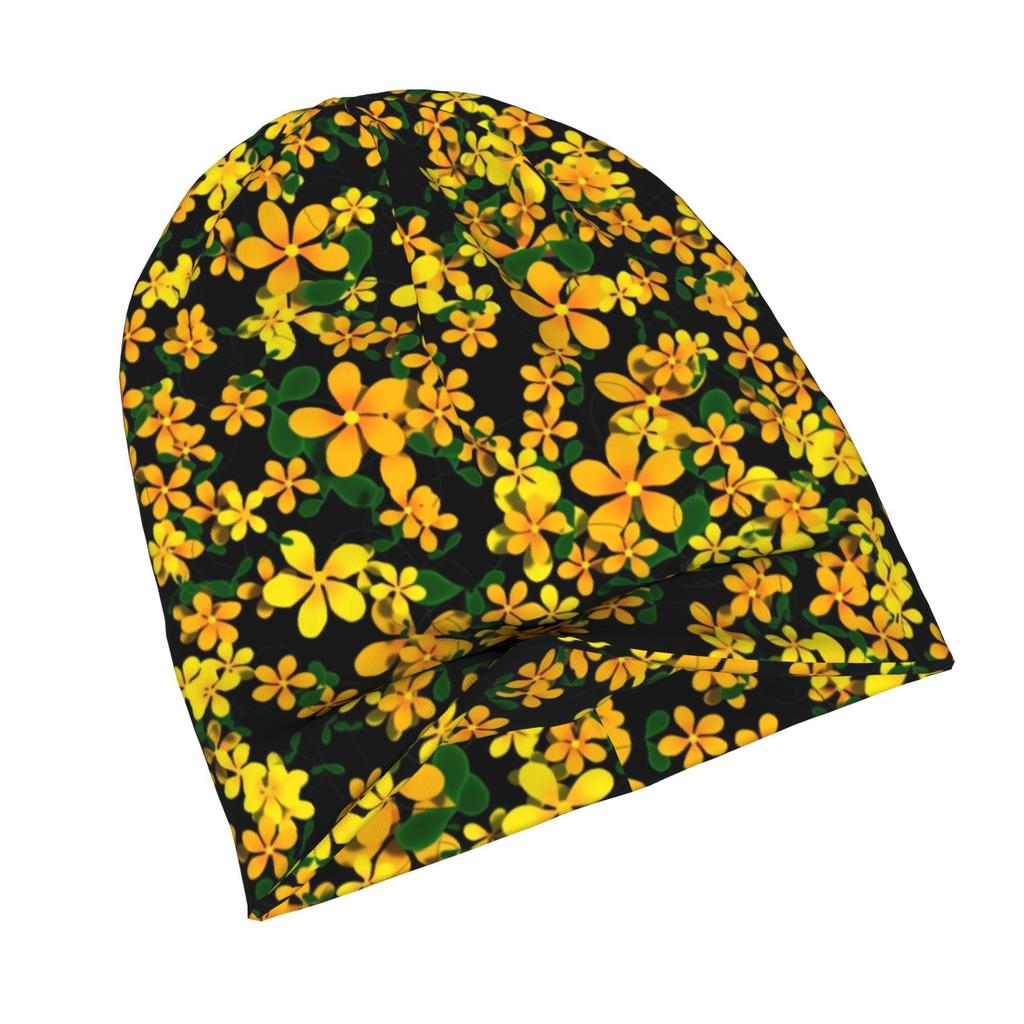 2D Flat Printing Orange & Yellow Flowers On Black Background Adult Knit Beanie with Style Fits Effortlessly Into Seasonal Wardrobes and Pairs Well Wit