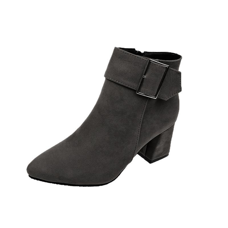 Suede Coarse Heel Martin Boots Women's Shoes Large Size Pointed Belt Buckle Coarse Heel Boots