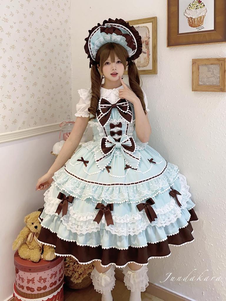 Jundakara Tiered JSK Jumper Skirt with Back and A dreamy and cute dress perfect for cosplay or bridal Available in green and Women's Ribbon, Ruffles,