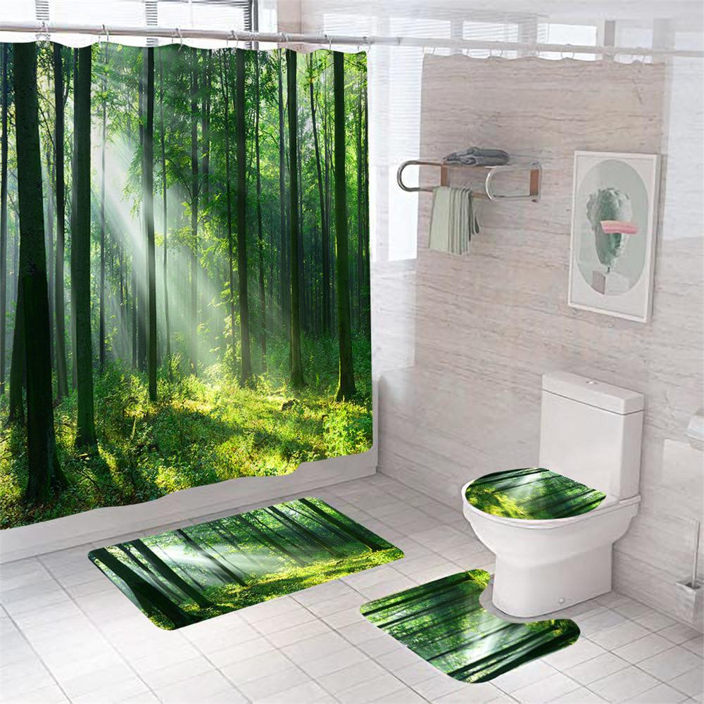 Nature Scenery Shower Curtain Set Green Forest Mountain River Landscape Bathroom Shower Curtain Waterproof Fabric Bathroom Sets