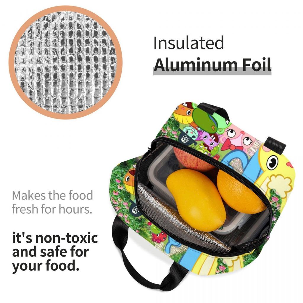 Happy Tree Friends Flippy Lumpy Cuddles Loving Family Insulated Lunch Bag for Women Portable Food Boxes Thermal Lunch Box Tote