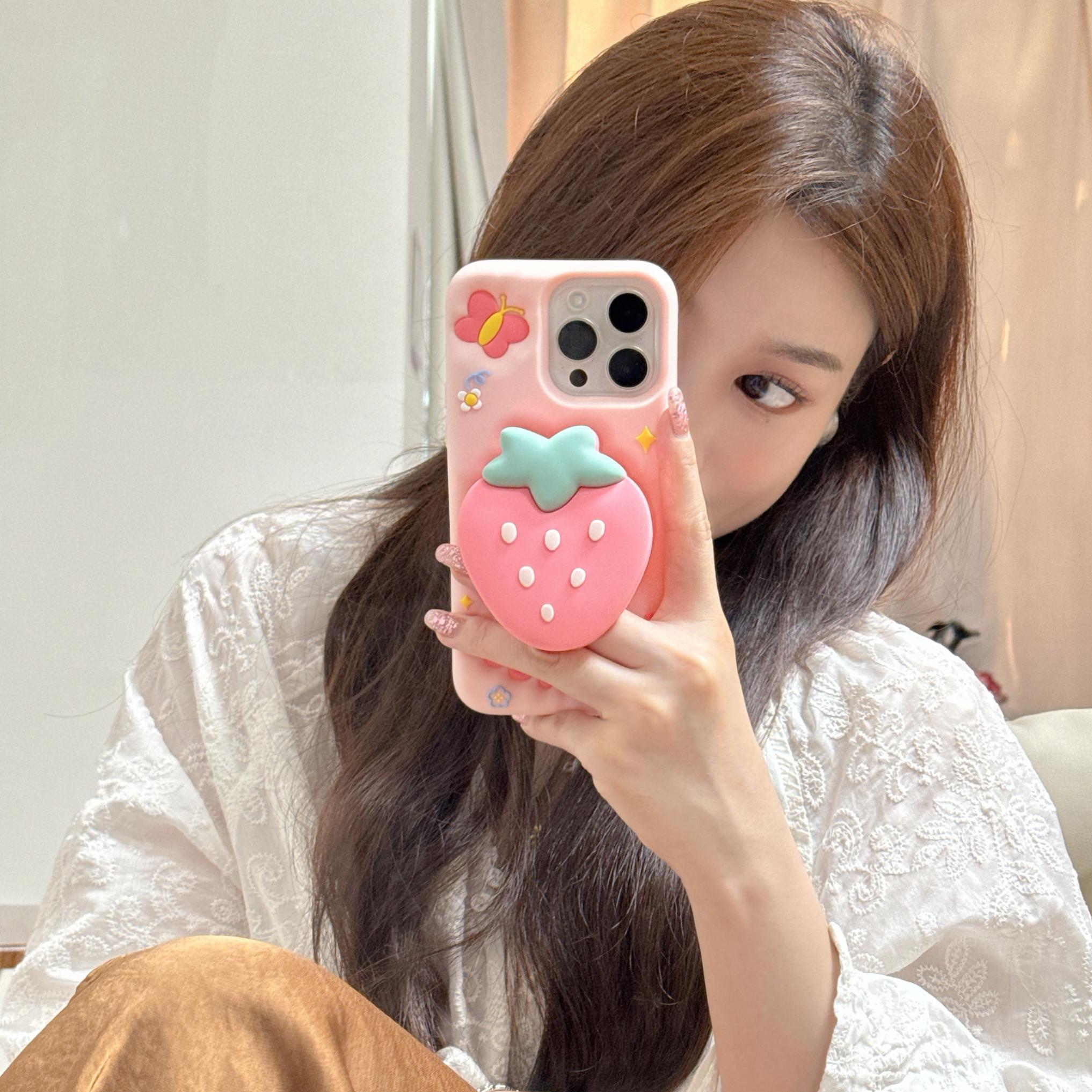 

Чехол-кронштейн 3D Sweet Strawberry для iPhone 16 15 14 13 12 Pro Max, противоударный, мягкий, силиконовый чехол с подставкой, чехлы для телефонов iPhone 13/14/15