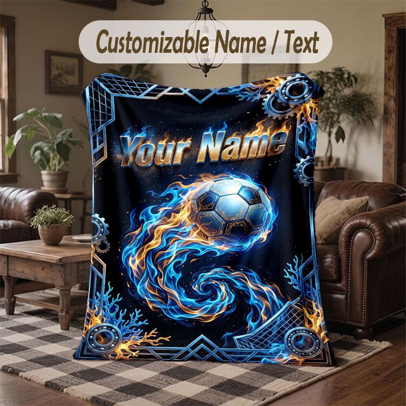 Soccer Theme Throw Blanket Custom Name Text Personalized Blanket Soft Cozy Blanket for Home Sofa Bed
