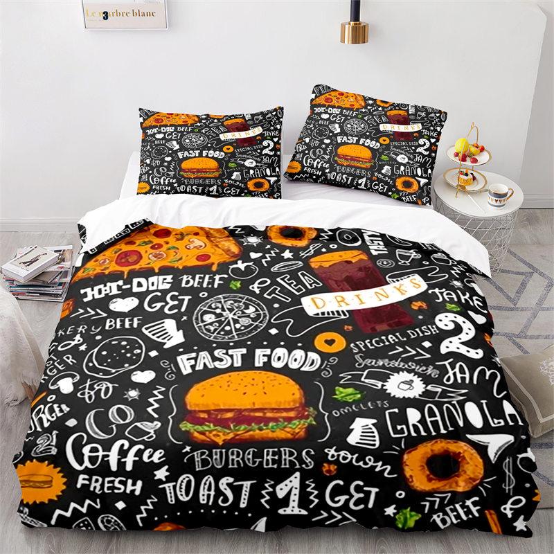 Kreativer Fast Food Bettbezug Pizza Hamburger Druck Bettdeckenbezug Mikrofaser Bettwäscheset King Queen für Kinder Teenagerzimmer Deko
