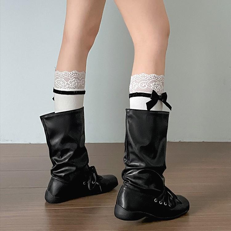 Brown retro versatile square head flat bottom short boots children's summer 2025 new with skirt pleated western pile boots