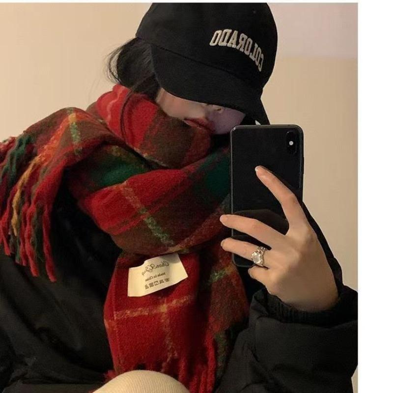 Christmas gift new red plaid scarf winter women's imitation cashmere scarf shawl warm Christmas red scarf