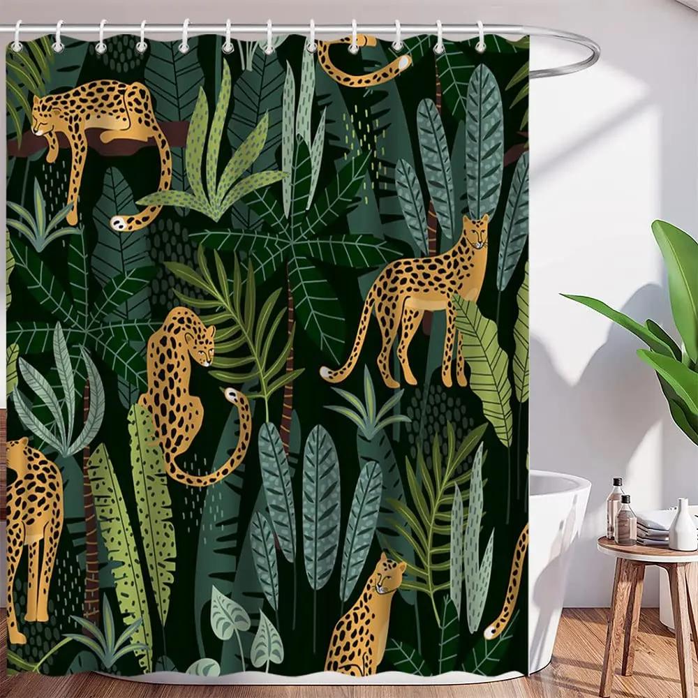 Boho Cheetah Shower Curtain,Tropical Leopard Wildlife Bath Curtain,Modern Pink Aesthetic Moon Phase Blue Floral Bathroom Curtain