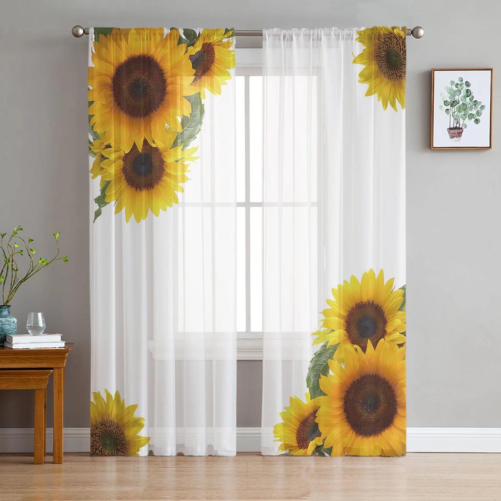 Sunflower Plant Butterfly Bouquet Leaves Flower Chiffon Sheer Drapes Living Room Bedroom Decor Window S Curtain