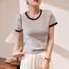 Women’s Striped Round Neck Short Sleeve T-shirt - New 2026 Summer Fashion, Combed Cotton, Versatile Color Block Design.