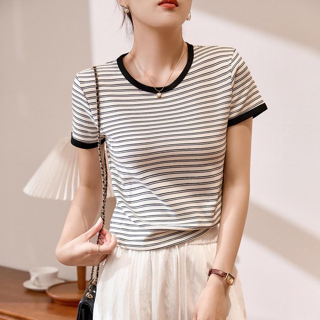 Women’s Striped Round Neck Short Sleeve T-shirt - New 2026 Summer Fashion, Combed Cotton, Versatile Color Block Design.