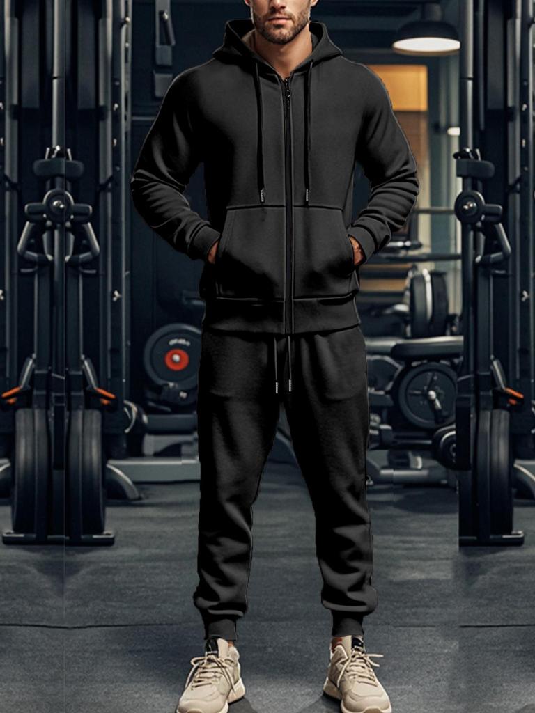 Men's Solid Color Plus Velvet Hooded Sports Set - Zipper Long Sleeve, Warm for Autumn/Winter