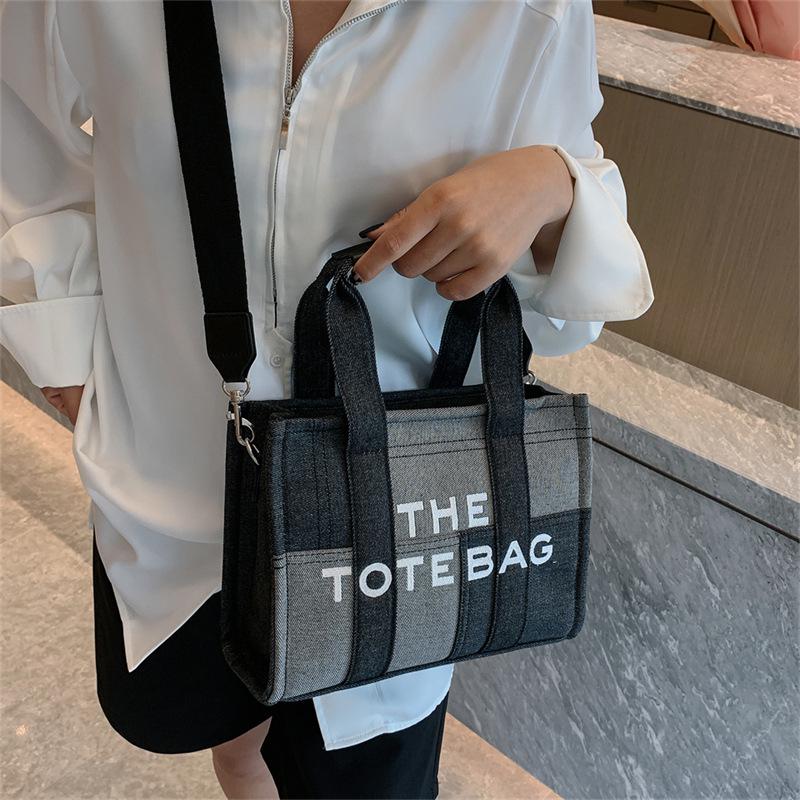 Retro Embroidered Letter Denim Tote with Contrast Stitching