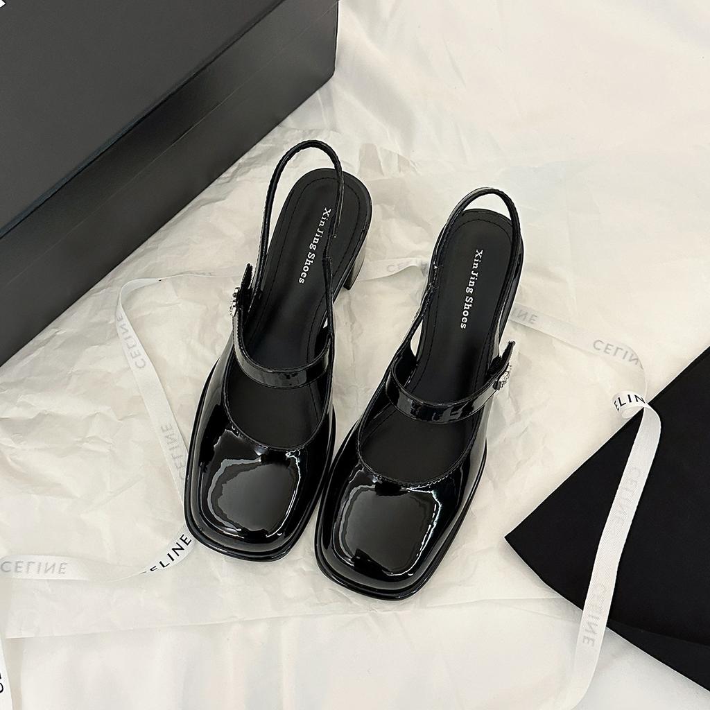E9-6 French bag head medium heel single shoes women's spring new fairy style square head thick heel Mary Jane rear empty single shoes women