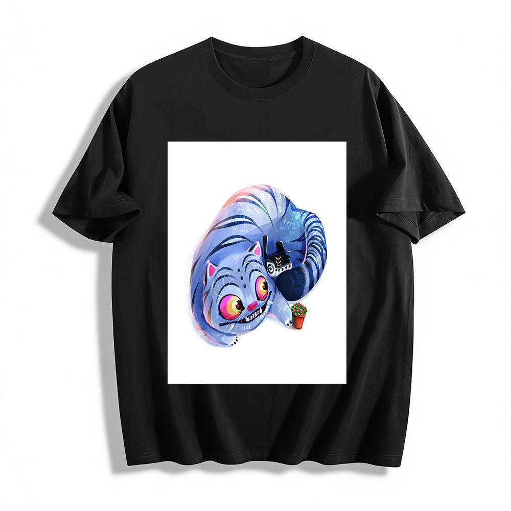 

Whimsical Blue Striped Monster Cat Print T-Shirt Unisex Casual Loose Fit Cartoon Fun Top Pure cotton T-shirt XXS