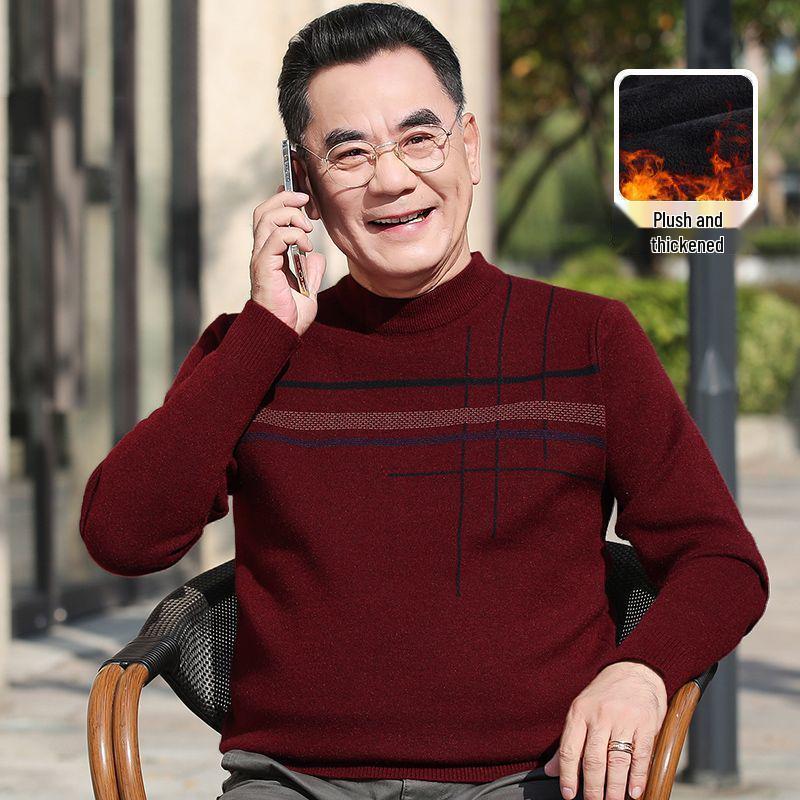 

Warm Fleece-Lined Sweater: Autumn/Winter Round Neck Knitwear for Middle-Aged & Elderly Men L (118 to 135 lbs)