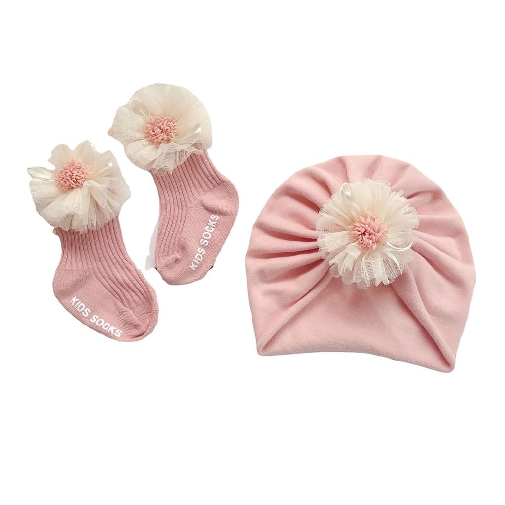 Citgeett Infant Baby Girls Socks Cap Set Lace Flower Ribbed Short Sock+ Hat Autumn Beige Pink