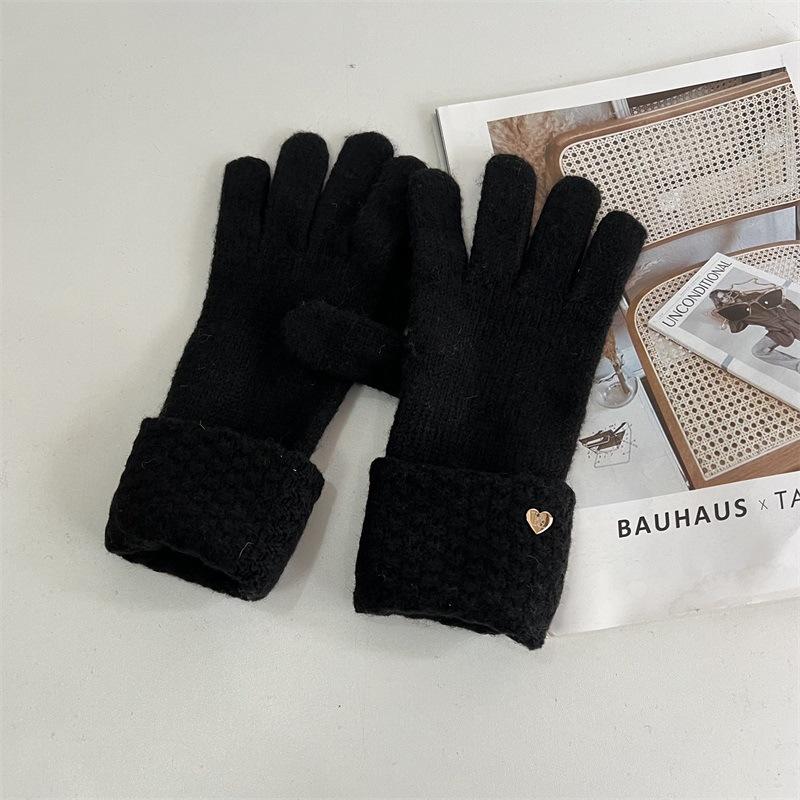 

Шерсть любовь однотонный роса два пальца зимние пальцы милые вязаные перчатки с сенсорным экраном женщины осень и зима езда теплые M чёрный