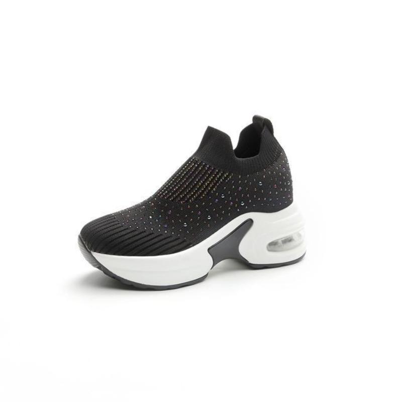 Fashion 8CM Air Mesh Platform Sneakers Wedge Crystal Shoes White Black Height Increased High Heel for Women Slip on Shoes Vulcanized New