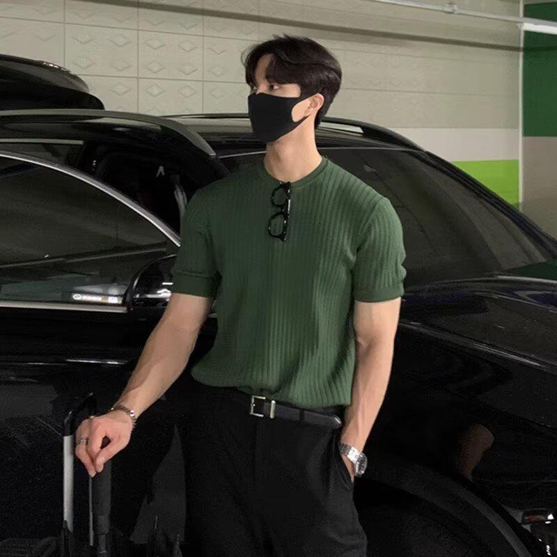Мужской корейский стиль Slim Fit Ice Silk короткий рукав свитер Топ
