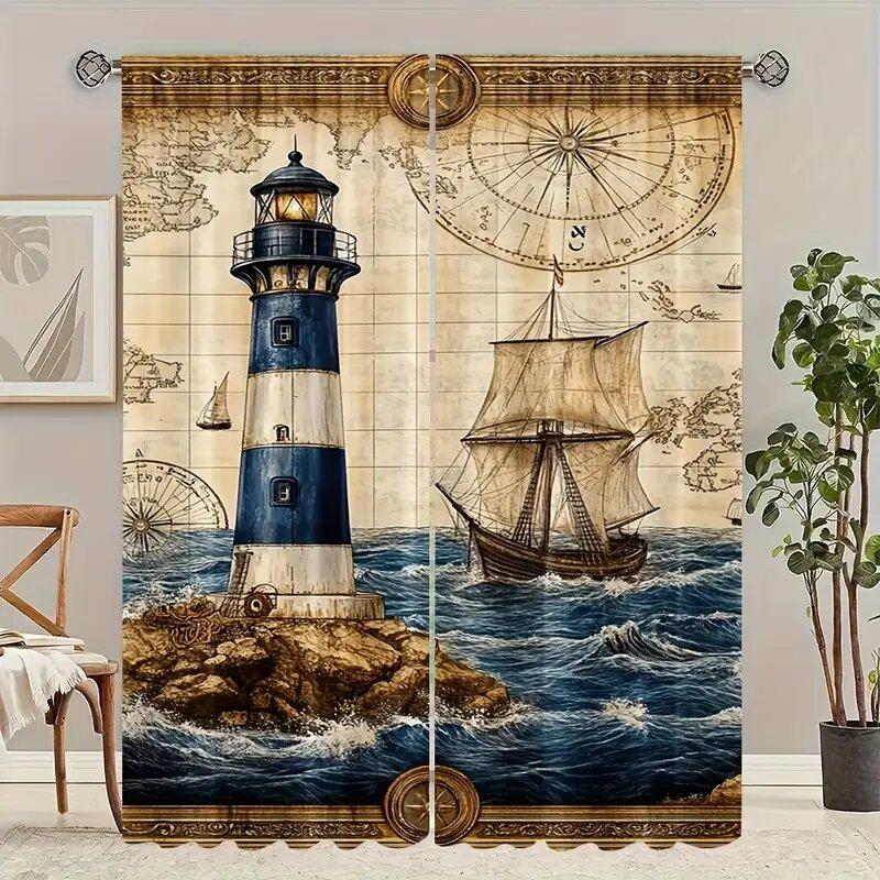 

2 шт. - Штори з принтом у вигляді маяка в морському стилі, прикраси для вікон, прикраси для дому, прикраси для кімнати 14Wx39L(35x100CM)x2