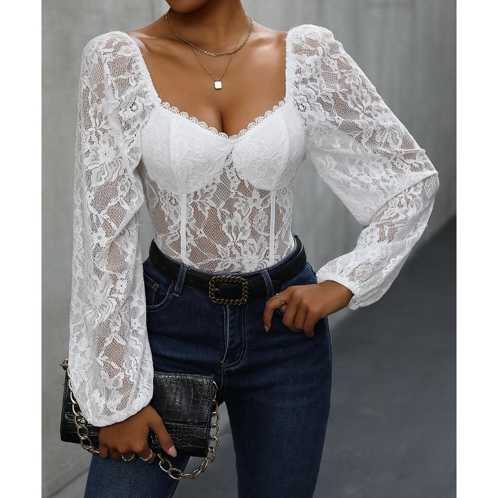 Hot Fall Women's Jumpsuit Fashion Sexy Backless Lace Long Sleeve V Neck Romper