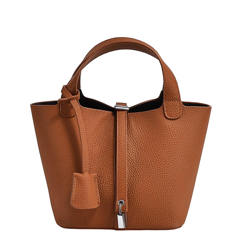 Echte Lederhandtasche, Damenhandtasche aus erster Schicht Rindsleder, lässige Mutter-Kind-Tasche, modische und schlichte Tasche aus Rindsleder mit Litschi-Muster, ein Stück