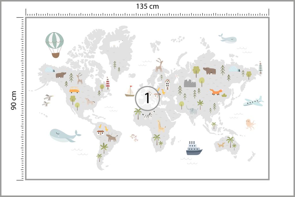 Photomural World Map With Cute Animals In Cartoon Style. Map For Nursery, Kids Room With Nature, Animals, Transports. Skandi Structural Vinyl 135x90
