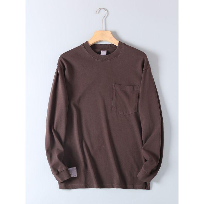 Heavyweight Cotton Washed Pocket Long-Sleeve T-Shirt for Men, Spring and Autumn, Loose Casual Solid Color Base Shirt, Crew Neck Pullover Sweatshirt
