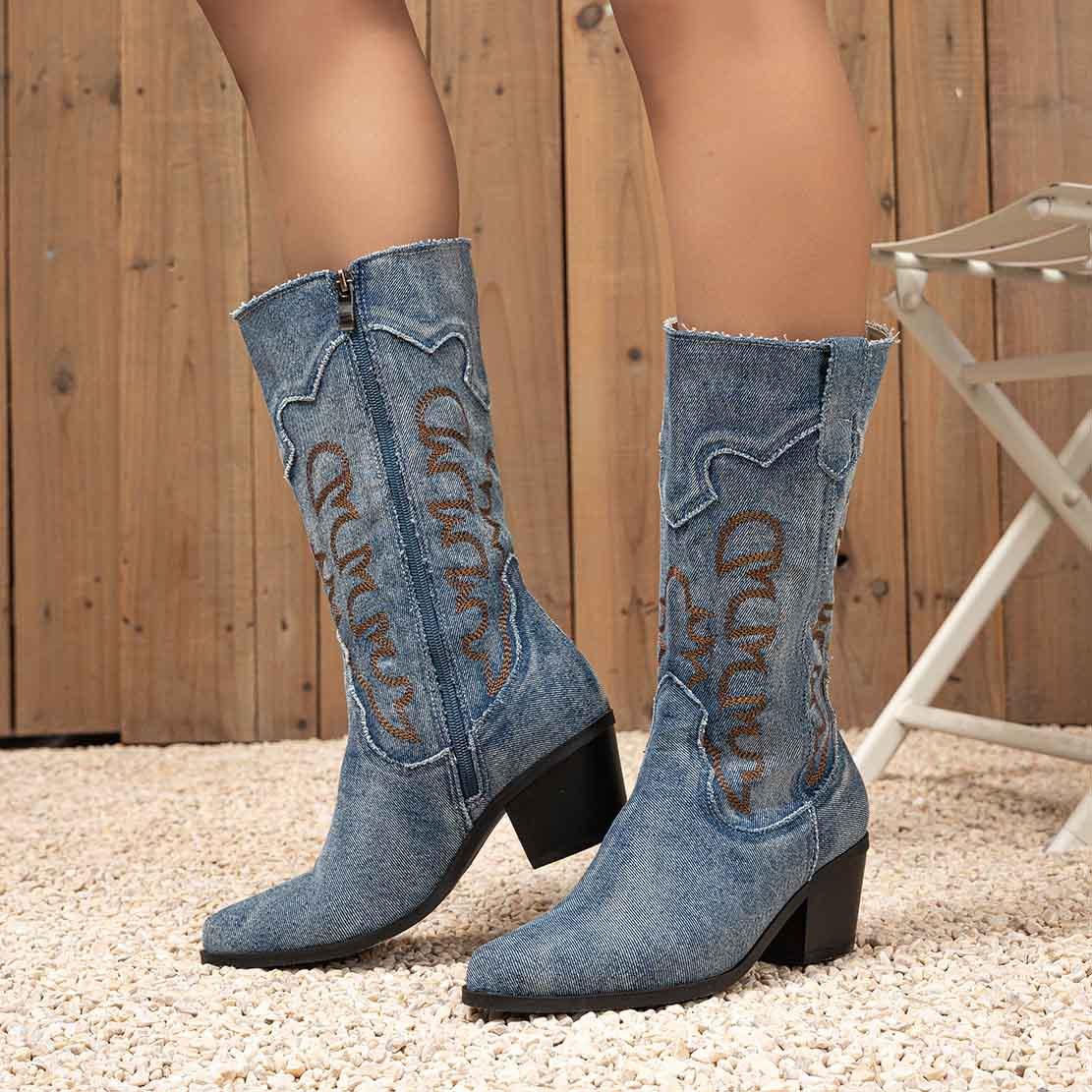 

Knight boots large size winter new pointed head embroidered medium tube thick heel women s heightened western cowboy boots 35 синій