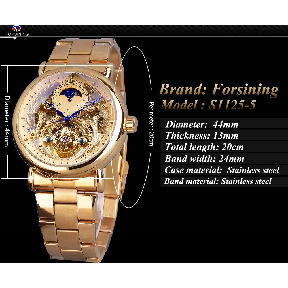 Forsining Herrenmode Freizeit Geschnitzte Hohle Mondphase Stahlgürtel Mechanische Uhr Automatische Mechanische Uhr S1125-5-A