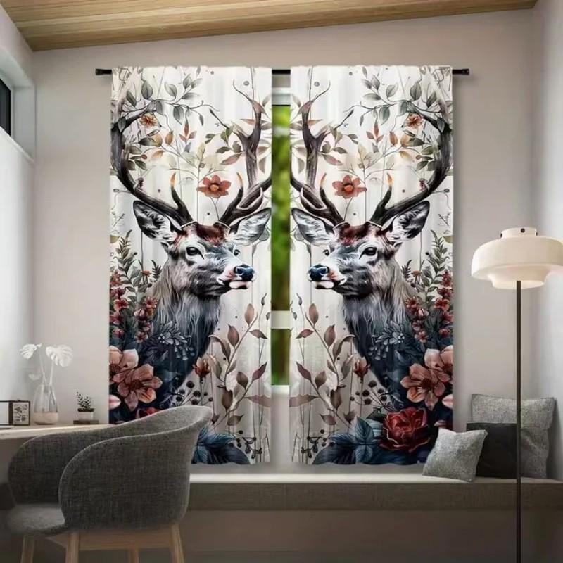 Set aus 2 Hirsch-Polyester-Vorhängen Energieeffiziente Thermisch Isolierte Vorhänge Heimdekoration Vorhang mit Verdunkelung