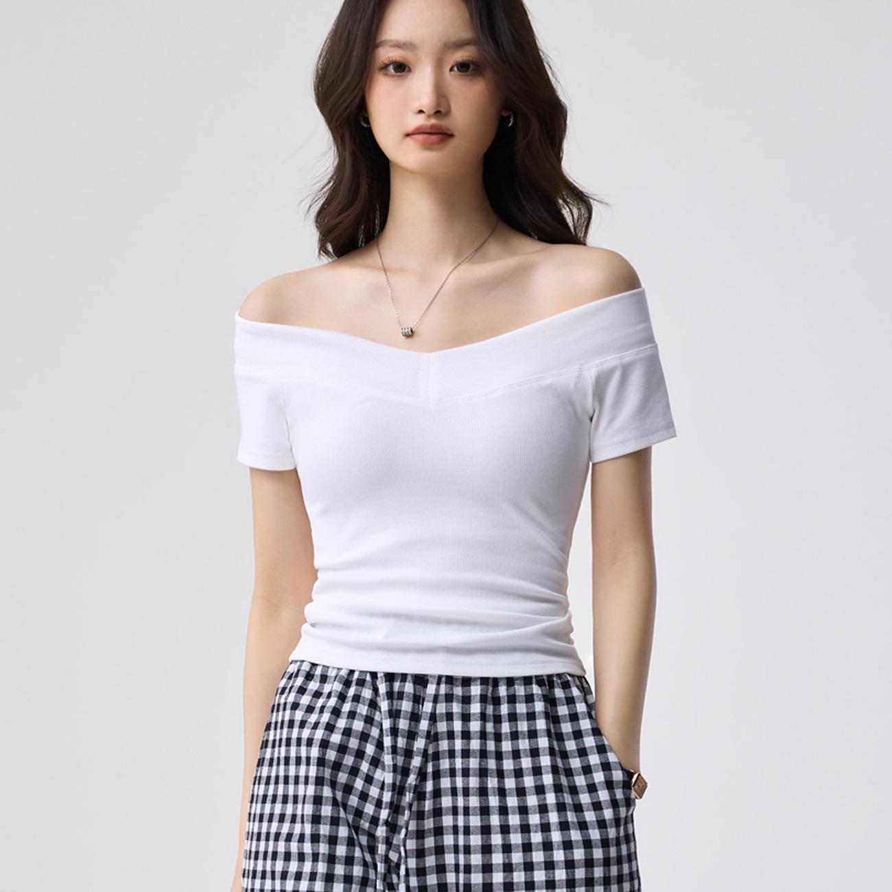 

260g Youkesi One-Shoulder V-Neck Collarbone T-shirt for Women - Summer Sexy Slim-Fit Top Large