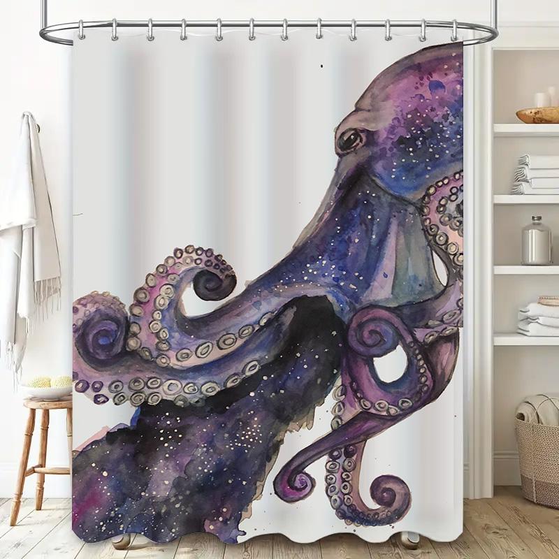 Stunning Purple Octopus Bathroom Shower Curtain Set Watercolor Artistic Design for Home Decor