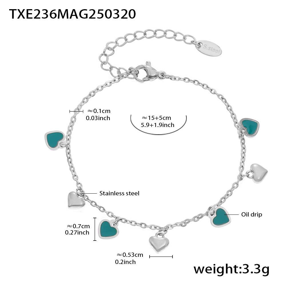 Qiong Yao Heart-shaped Enamel Multi-color Necklace and Bracelet Set, Stainless Steel, Colorfast Clavicle Chain.