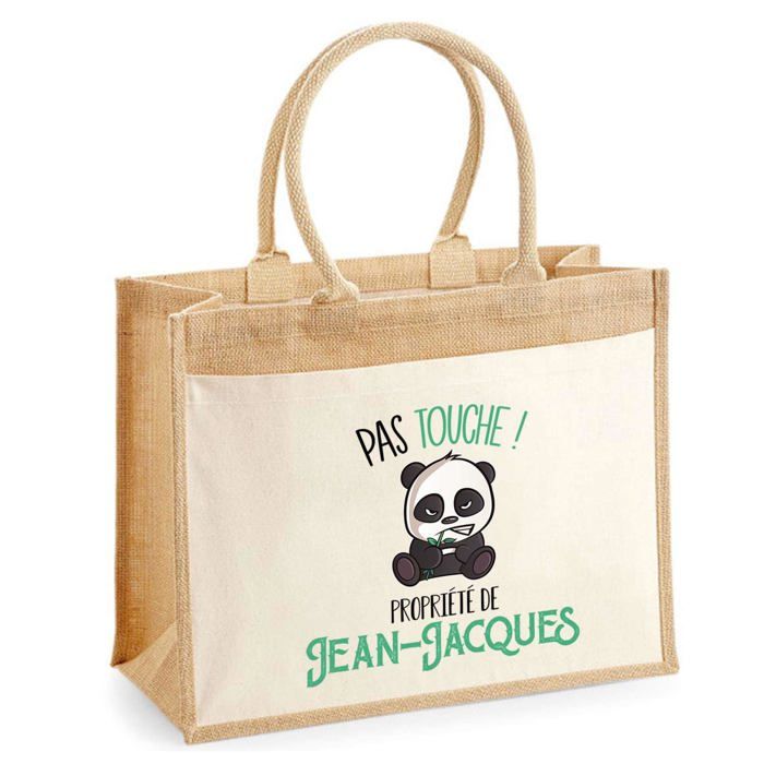 Sac de plage - PLANETEE - jute avec poche Jean-Jacques Pas Touche Panda - Coton naturel - Imprimé en France - 43x33 cm