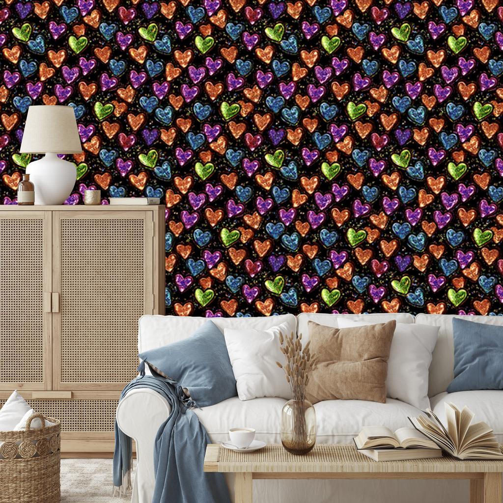 Neon Glitter Hearts Wallpaper Black and Orange 50x1000