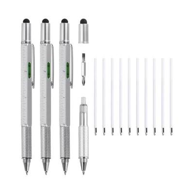 Uxcell 3pcs 6 In 1 Aluminum Multi Tool Tech Tool Pen Ballpoint Pen Ruler Screwdriver Stylus with Level and Refill for Christmas Gift Silver