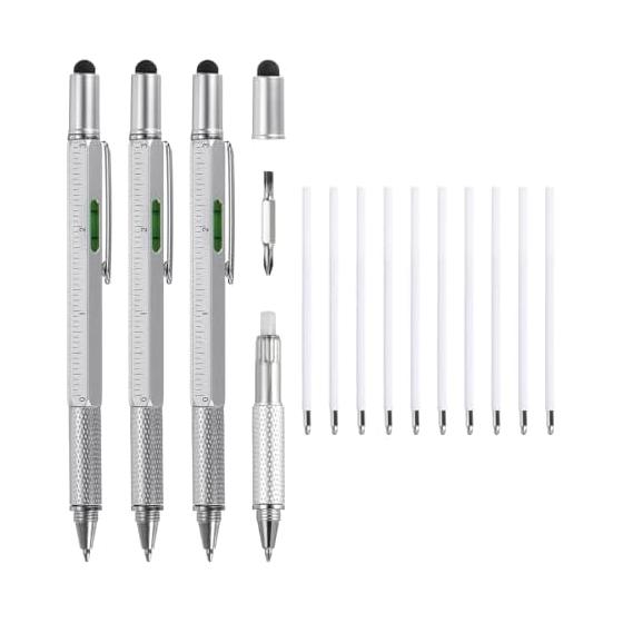 uxcell 3pcs 6 in 1 Aluminum Multi Tool Tech Tool Pen Ballpoint Pen Ruler Screwdriver Stylus with Level and Refill for Christmas Gift Silver