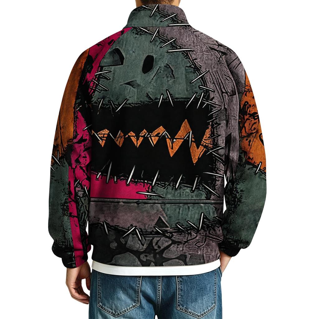 Men's Loose Fit Raglan Sleeve Sweatshirt with Stand Collar and Halloween Print for Parties and Daily Wear