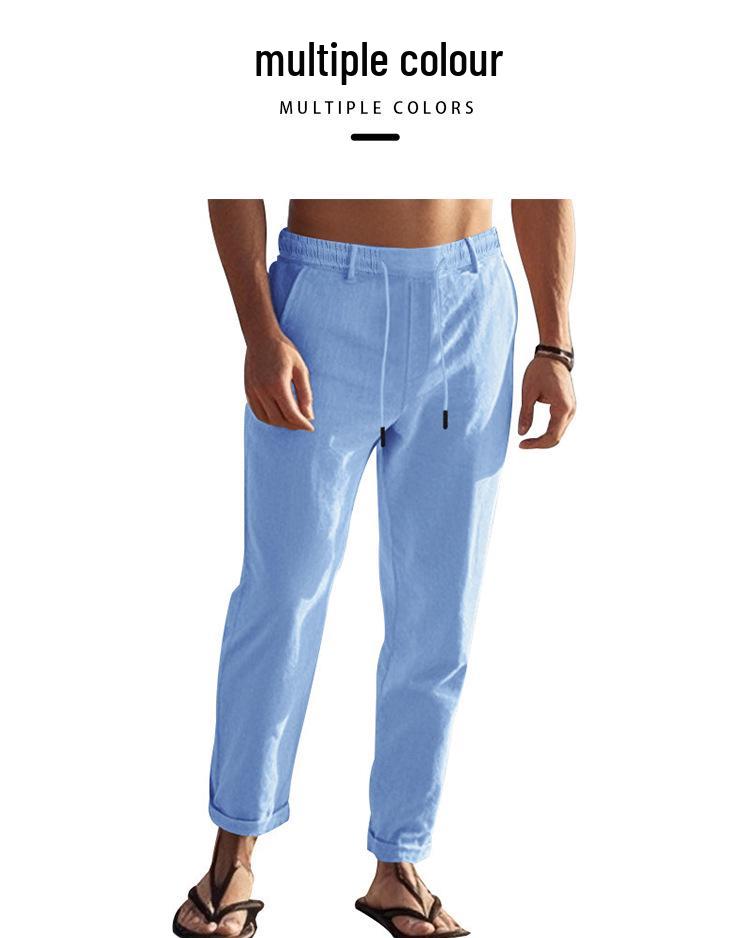 Autumn Men's Thin Casual Lace-up Cotton Linen Drawstring Straight Leg Pants